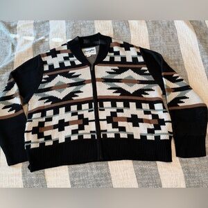Wrangler Retro Black and White SZ L Zip Up Cardigan Sweater Southwest Western